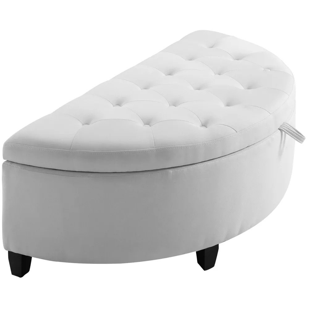 The source shopping selection includes a half-moon upholstered storage bench as an example of combining seating with concealed capacity.