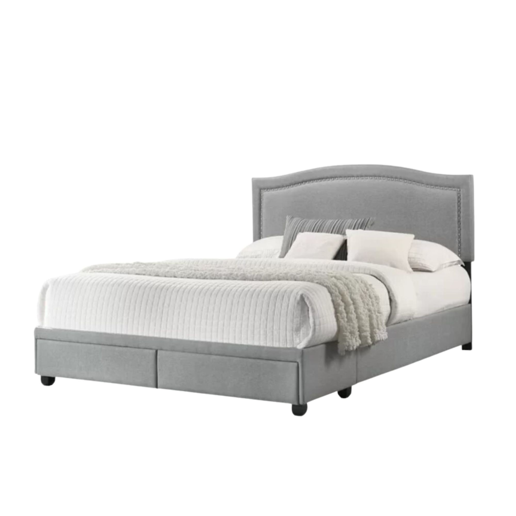 A gray upholstered storage bed in the reference shopping edit illustrates concealed storage below the sleeping surface.