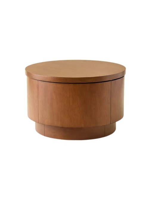 A round wooden lift-top coffee table from the reference shopping selection illustrates a different storage outline from the upholstered ottoman on the cover.