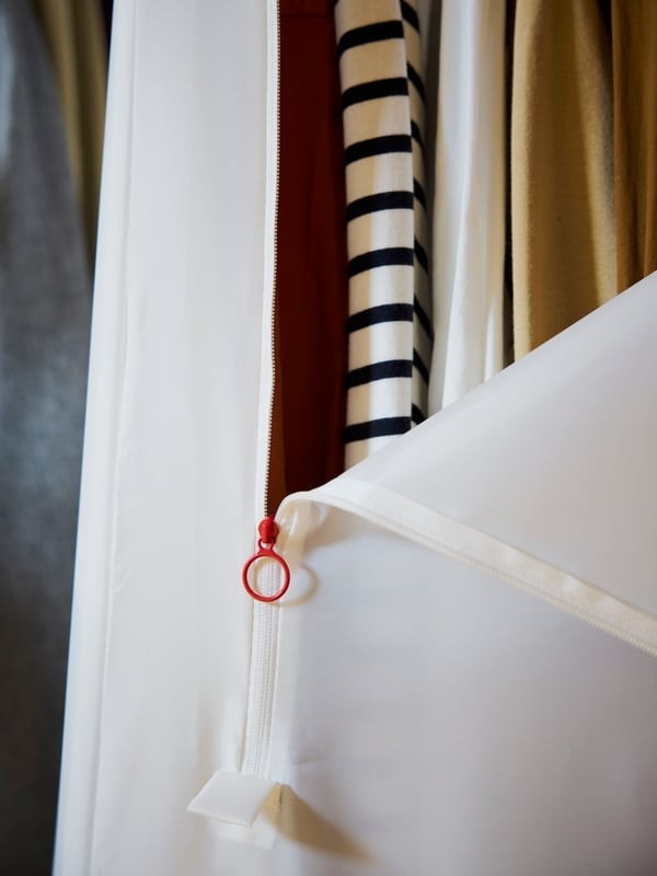 Detail of the lightweight wardrobe enclosure in the IKEA first-apartment reference.