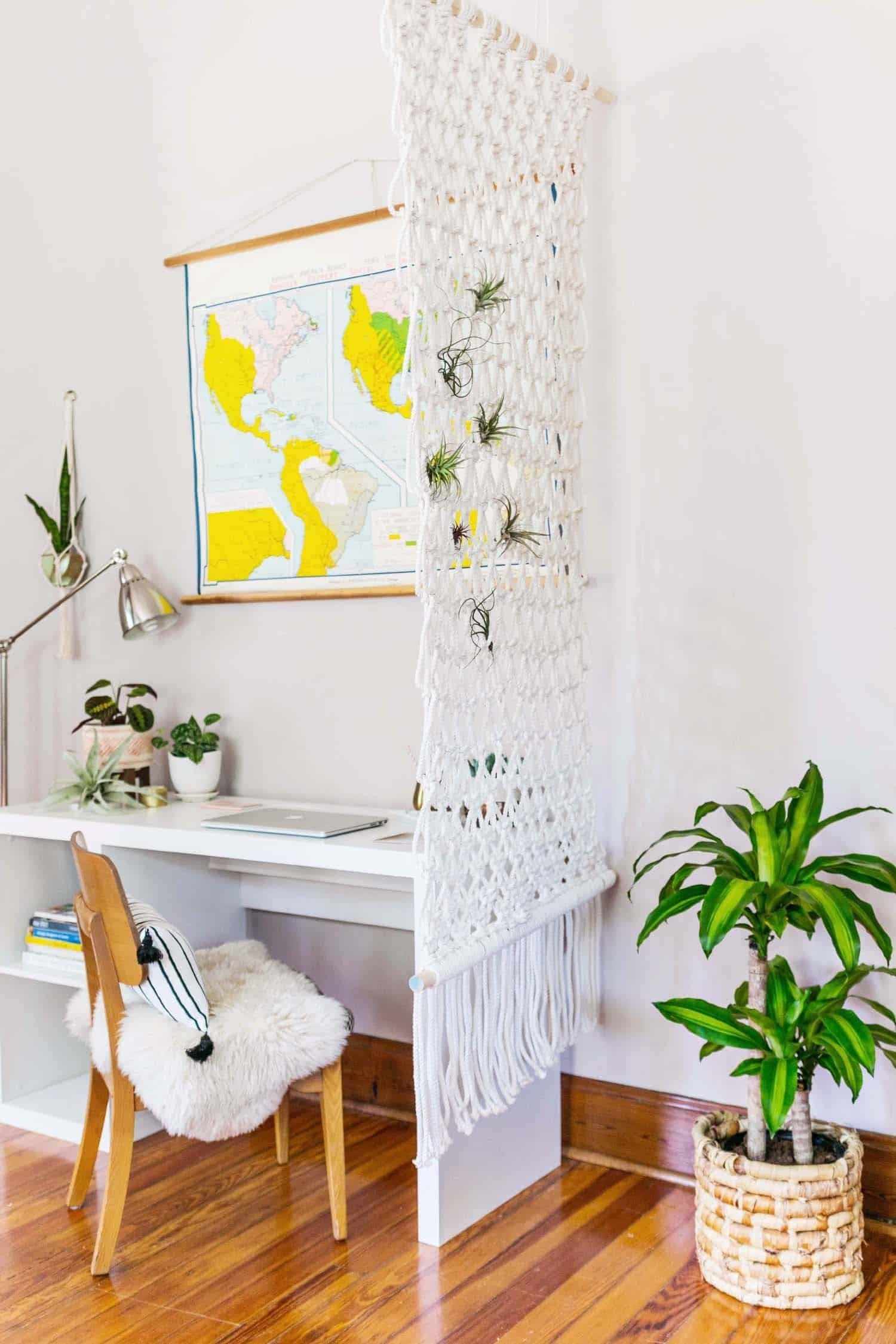 The Good Housekeeping reference shows an open macrame divider beside a compact desk; the example is credited to A Beautiful Mess.