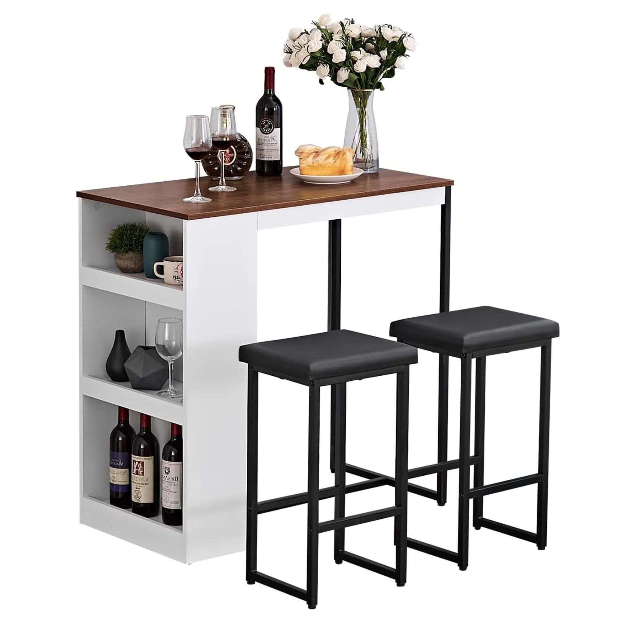 The source shopping edit presents a bar-height table with shelves and two stools as one compact dining arrangement.