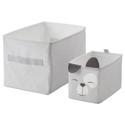 The source product selection includes small fabric boxes with a bear motif as one example of recognizable storage for children's belongings.