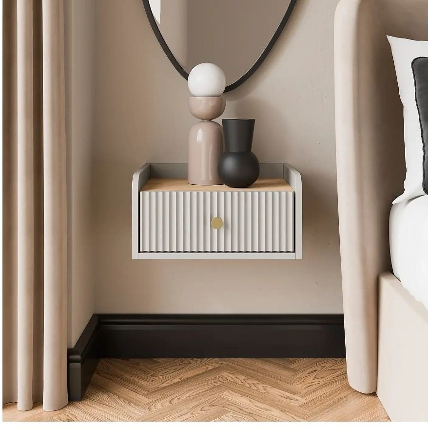 A floating bedside drawer in the source shopping selection leaves the floor beneath it visible, illustrating a wall-mounted alternative.