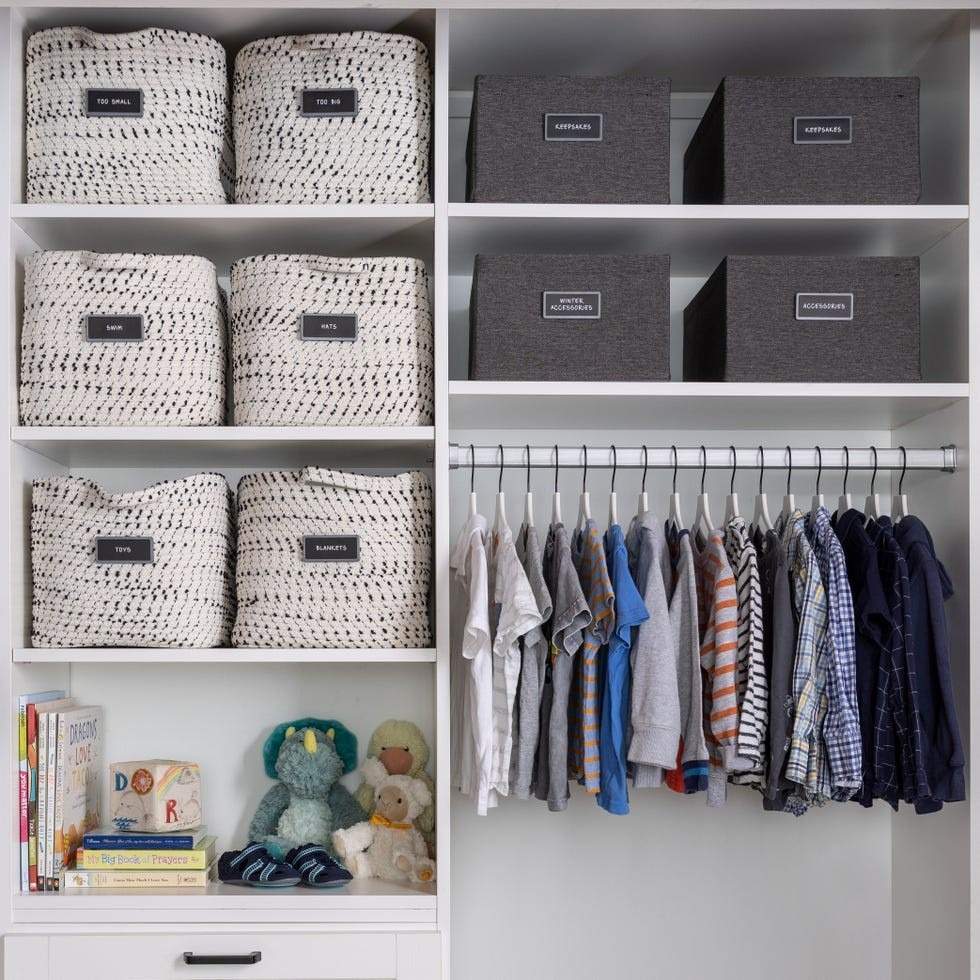 A separate source closet combines labeled containers above with hanging garments and lower storage, giving different contents recognizable locations.