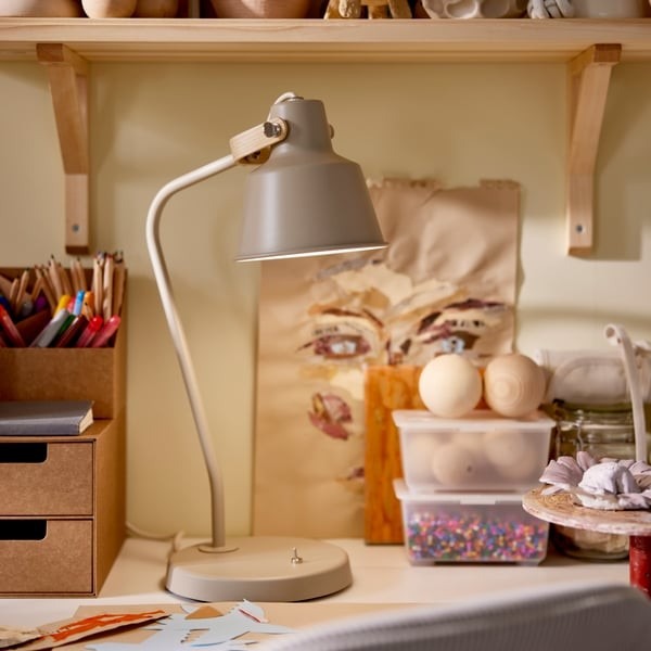 A separate source detail shows the task lamp beside drawing and craft materials on the activity desk.