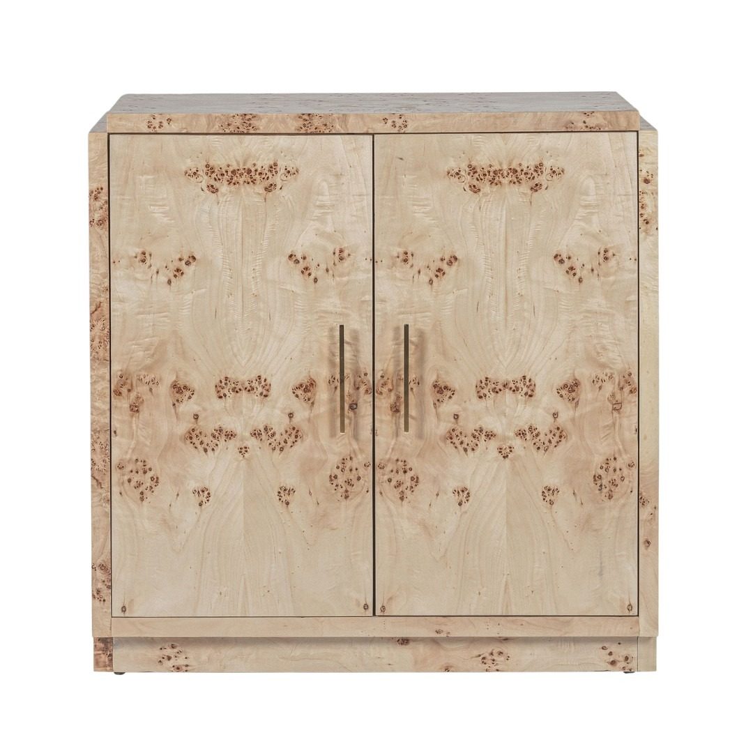 A burl cabinet in the source shopping edit illustrates an alternative storage outline; it is not identified as the cabinet installed in the Berkus room.