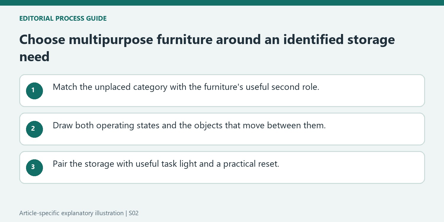 Choose multipurpose furniture around an identified storage need