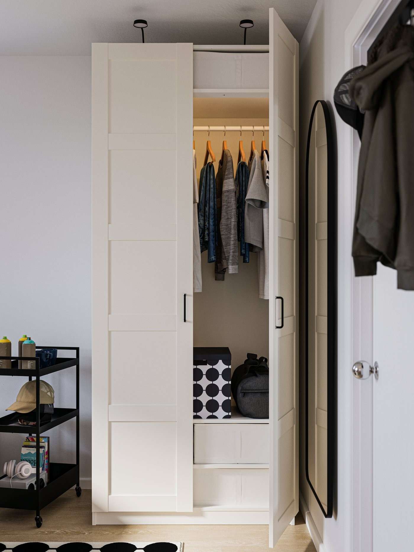 The source wardrobe example shows hanging clothes and lower storage compartments, with one door open to reveal the internal arrangement.