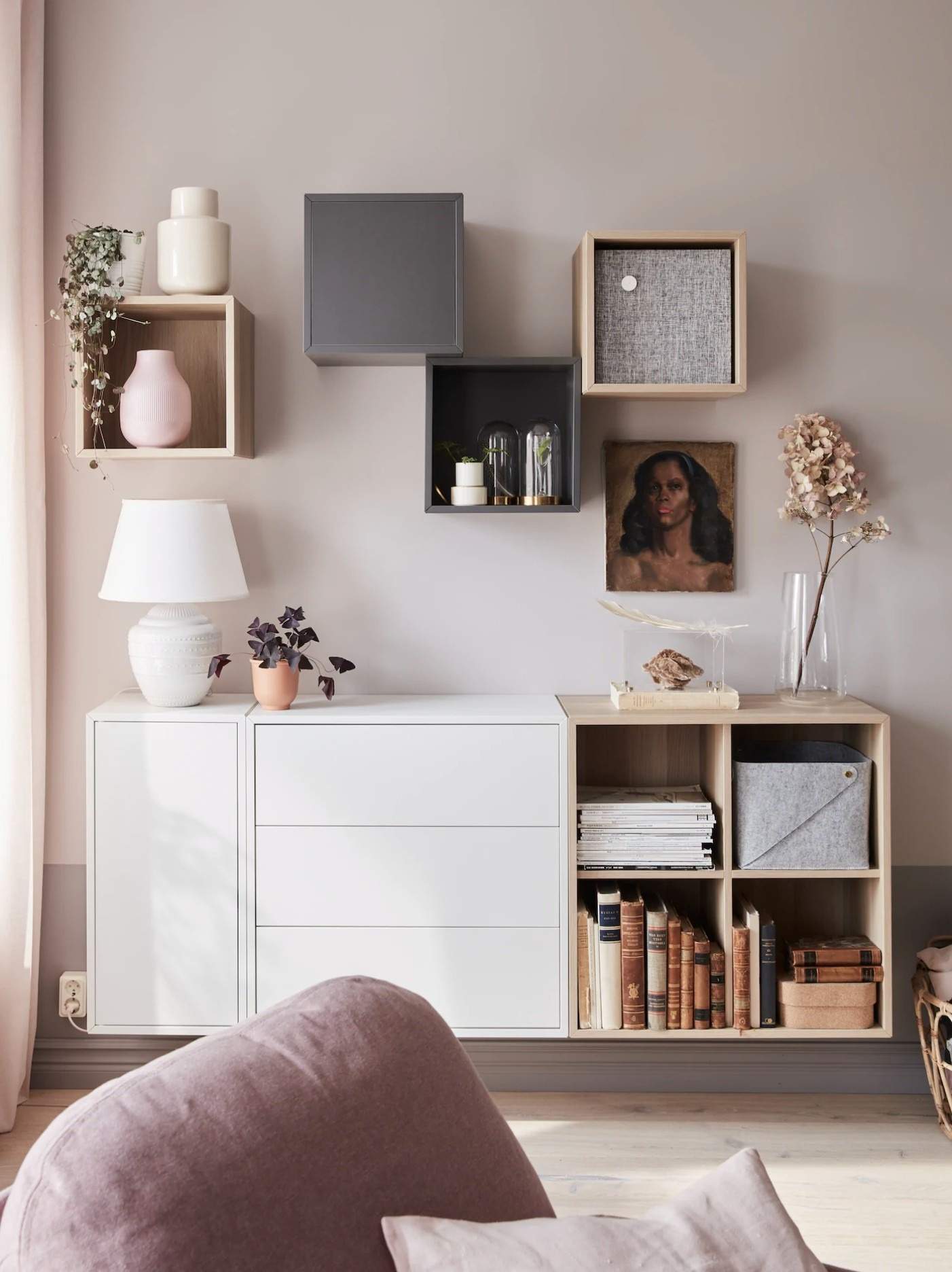 The reference illustrates mixed open and enclosed wall storage, preserving visible floor space below.