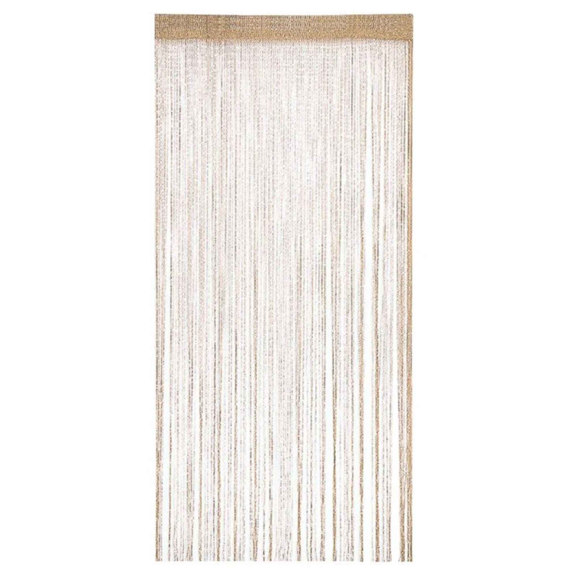 A champagne-colored hanging string divider in the reference illustrates a more permeable boundary than a solid panel.