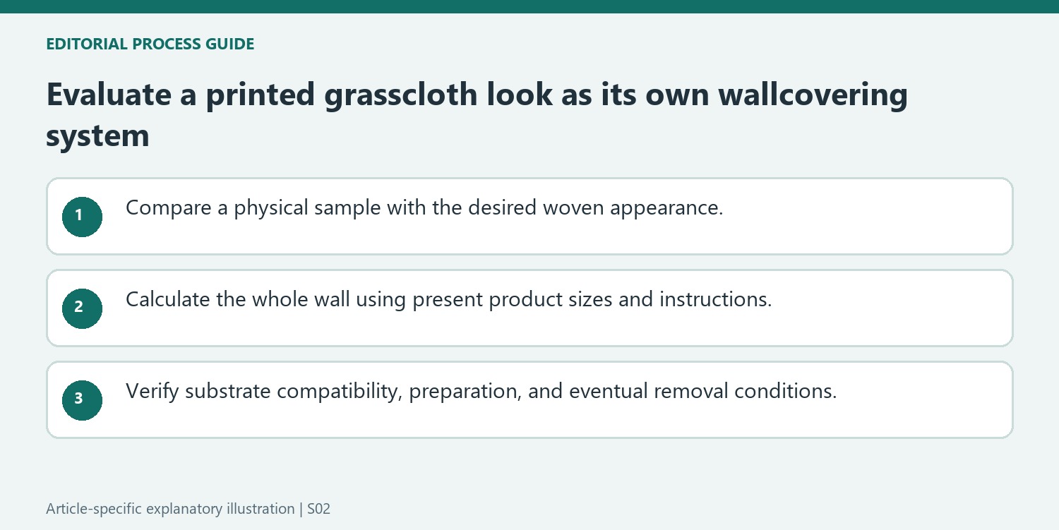 Evaluate a printed grasscloth look as its own wallcovering system