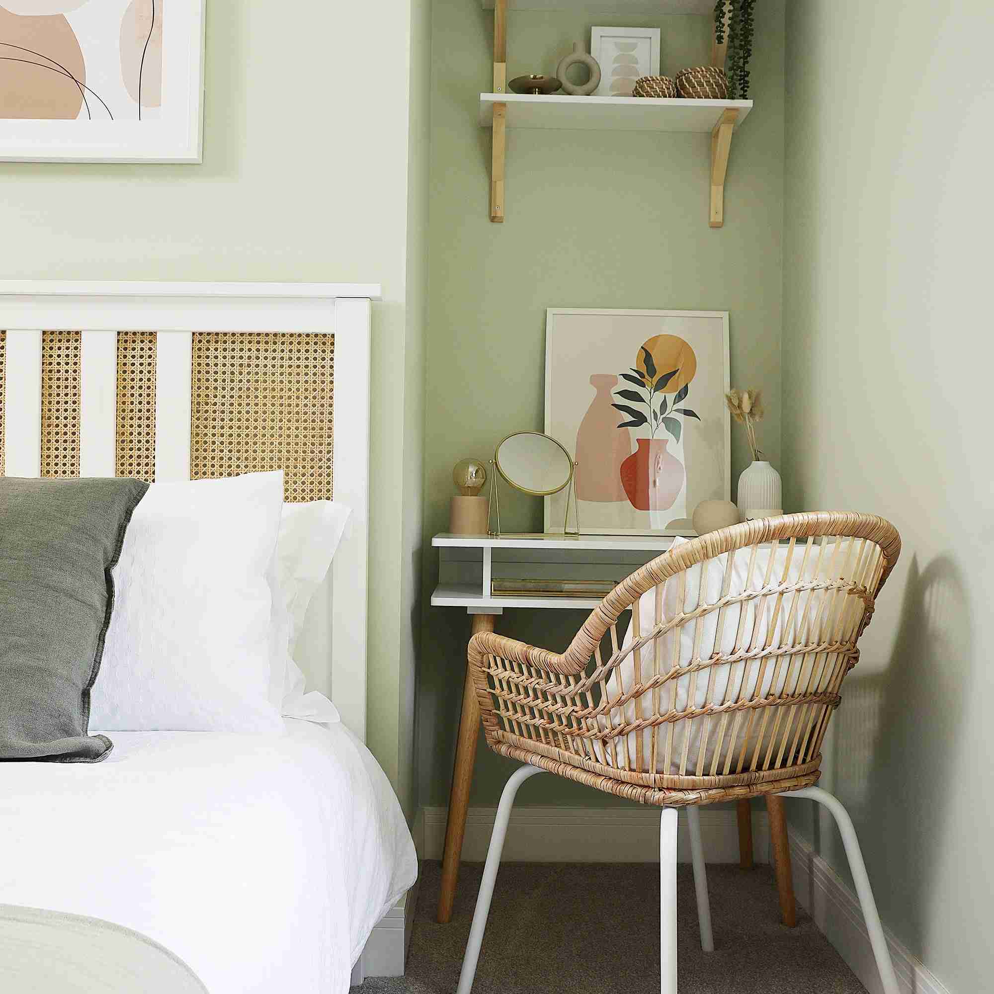 A separate source bedroom pairs a small dressing or work surface with a woven chair beside the bed, illustrating a compact secondary zone.