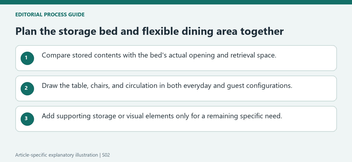 Plan the storage bed and flexible dining area together