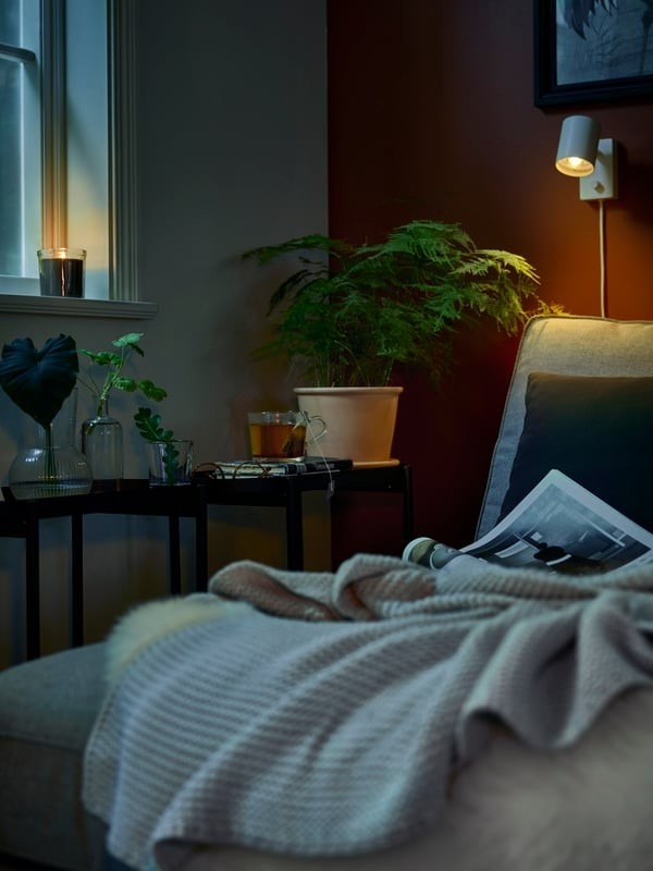 A separate evening source view shows the chaise, local wall light, plant stands, and a nearby drink within the quiet corner.