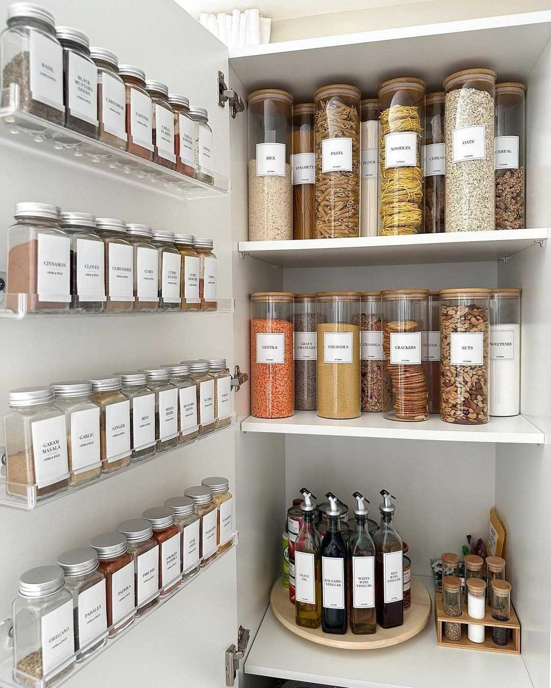 The source pantry example groups labeled jars on internal shelves and the inside of a cupboard door.