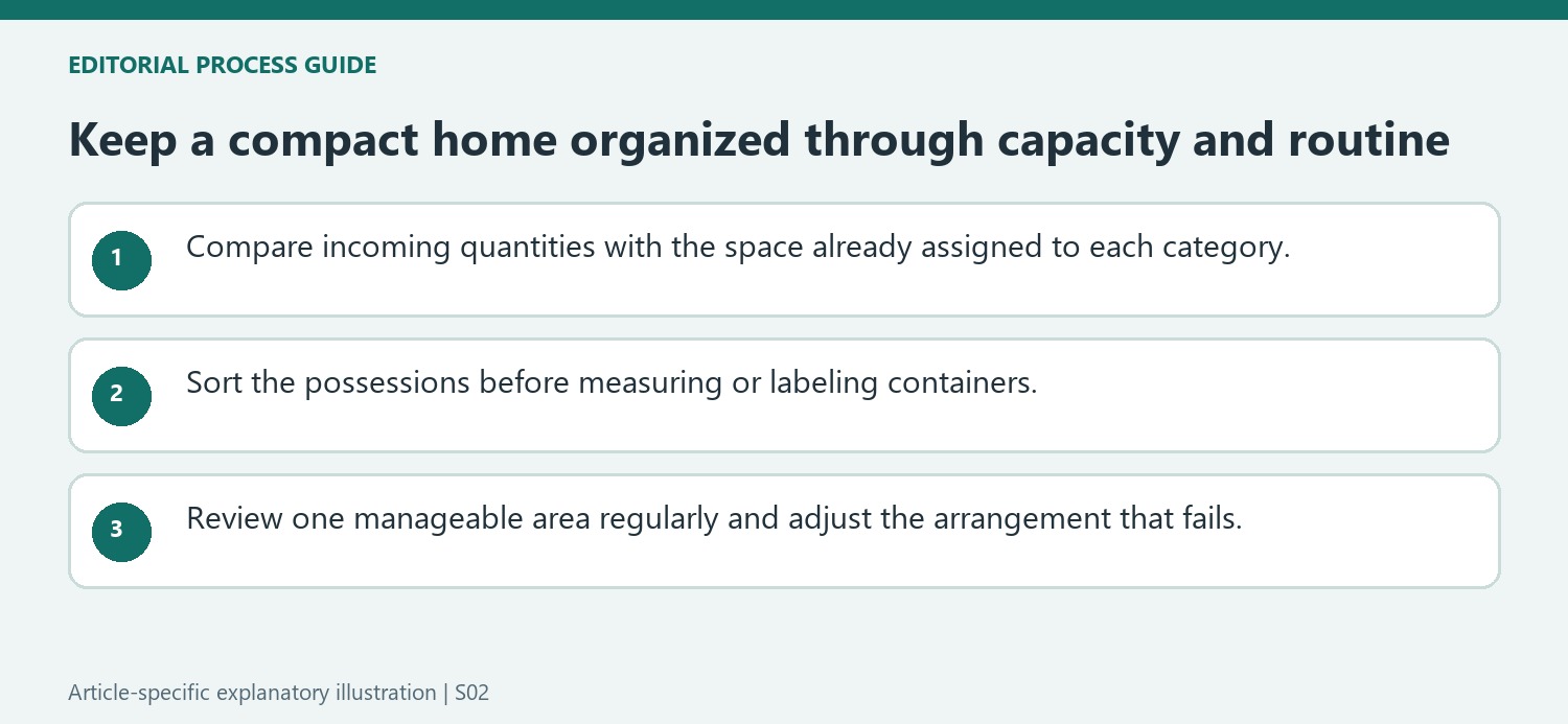 Keep a compact home organized through capacity and routine