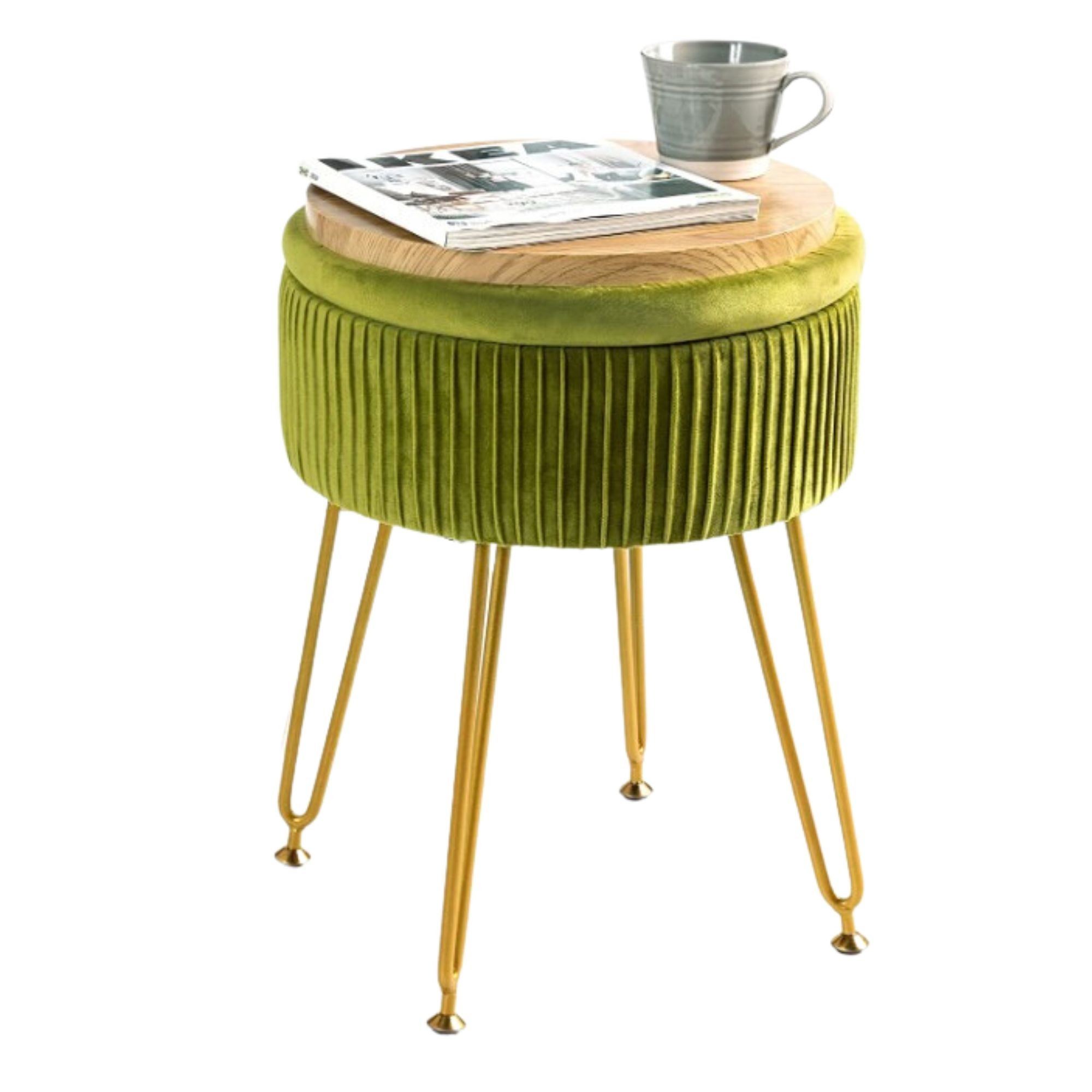 A green upholstered storage stool shown with a tray illustrates a smaller supporting surface with a second function.