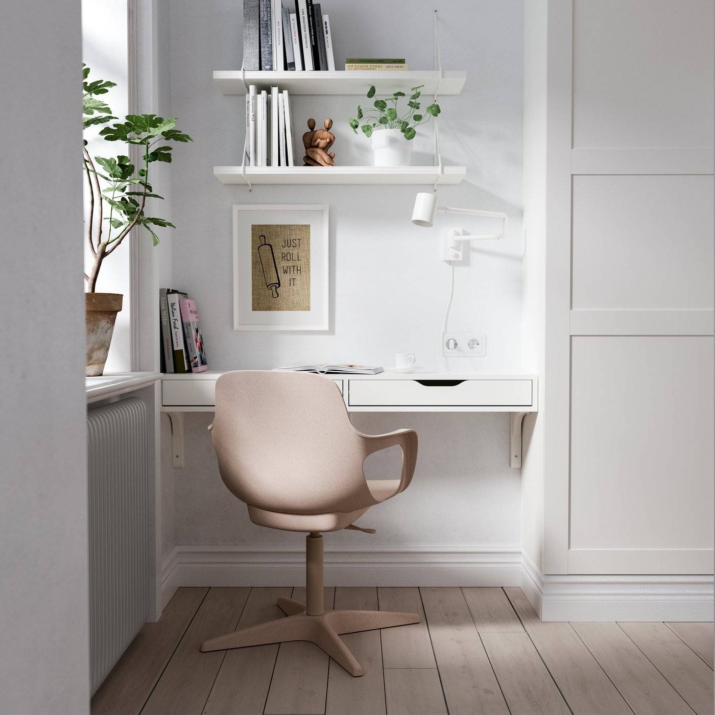 A source alcove workspace places a wall-mounted drawer shelf beneath open shelves with a chair in front.