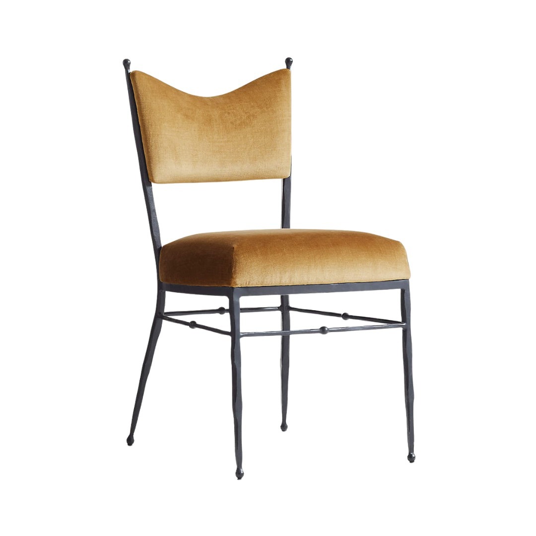 An ochre velvet dining chair appears as a separate shopping example in the reference, rather than as part of the photographed apartment.